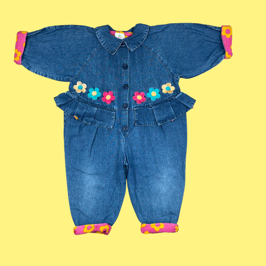 Combinaison jean fleurs 2 ans